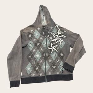 Vintage Hybrid Skulls and Stars Full Zip Hoodie Sweatshirt Distressed Faded